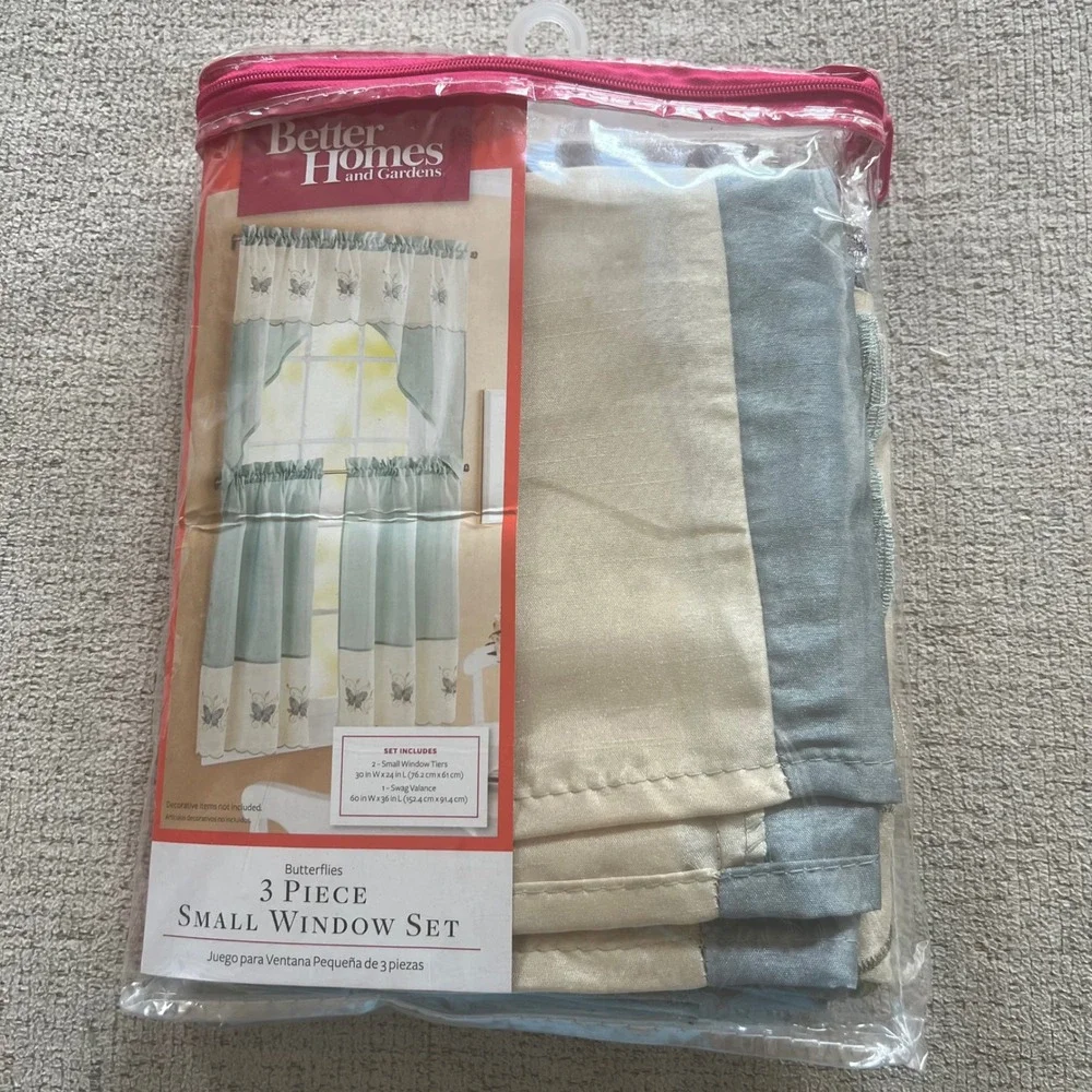 Better Homes and Gardens Butterfly 3 Piece Small Window Set Blue Cream Faux Silk